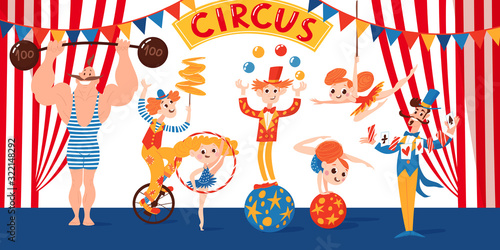 Great circus vector poster with cartoon cute characters