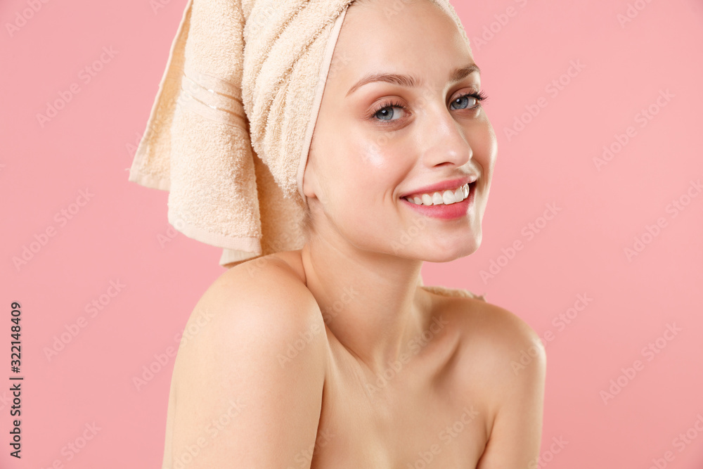 Close up blonde half naked woman 20s perfect skin nude make up blue eyes isolated on pastel pink wall background studio portrait. Skin care healthcare cosmetic procedures concept. Mock up copy space. Close up blonde half naked woman 20s perfect skin nude make up blue eyes isolated on pastel pink wall background studio portrait. Skin care healthcare cosmetic procedures concept. Mock up copy space.