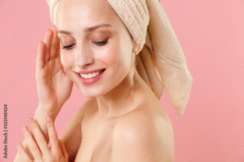 Close up blonde half naked woman 20s perfect skin nude make up blue eyes isolated on pastel pink wall background studio portrait. Skin care healthcare cosmetic procedures concept. Mock up copy space. Close up blonde half naked woman 20s perfect skin nude make up blue eyes isolated on pastel pink wall background studio portrait. Skin care healthcare cosmetic procedures concept. Mock up copy space.