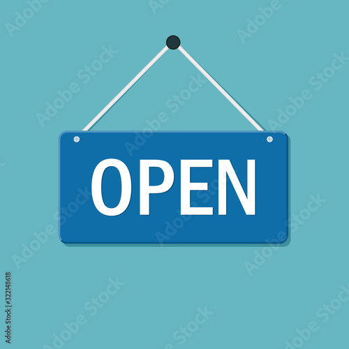 Open door sign flat style. Graphic welcome icon hanging on shop door. Signboard for office, cafe, retail market. Information label or tag for supermarket retro style. Design vector illustration.