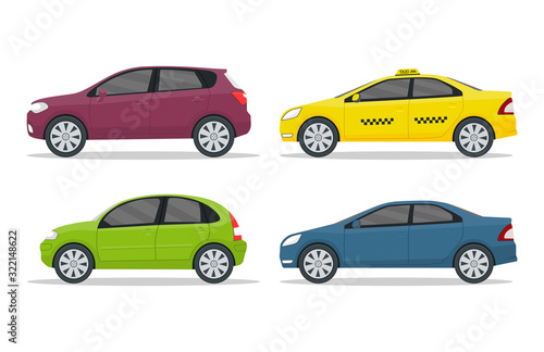 Set of cars on isolated background. Flat auto in side view. Design road vehicle of hatchback  sedan  suv type. Cartoon collection of machines for city road. Modern car icon. vector illustration