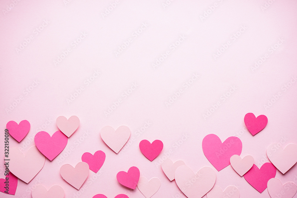Valentine's Day. Mother's day background, flat lay. Love concept. Hearts on a pastel background, with space for text. .