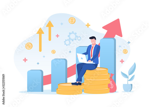 Businessman planning his investments sitting on a pile of gold coins in front of an ascending graph working on a laptop, vector illustration
