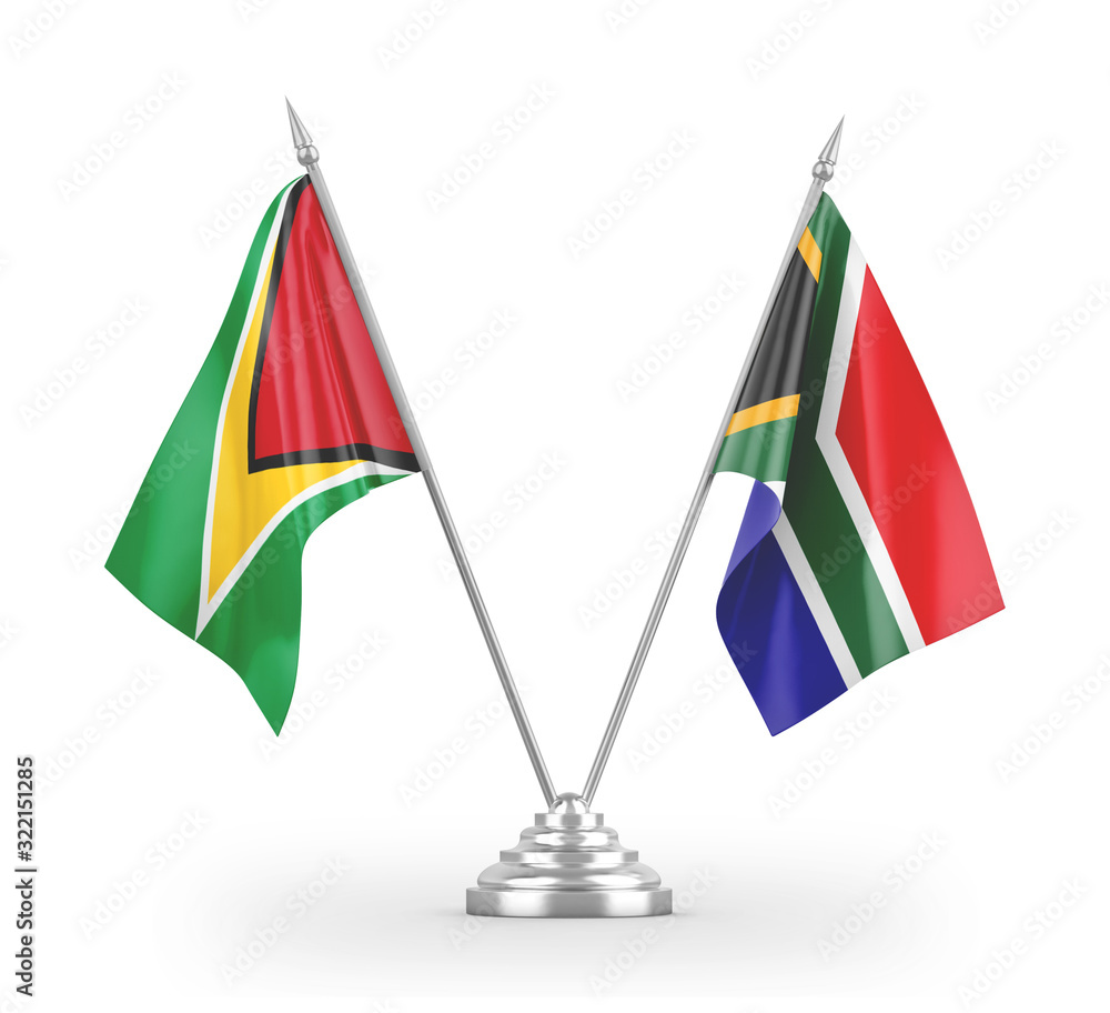 South Africa and Guyana table flags isolated on white 3D rendering South Africa and Guyana table flags isolated on white 3D rendering