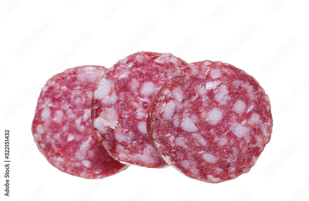 Fermented, dry sausage with chopped slices isolated on white background, clipping path Fermented, dry sausage with chopped slices isolated on white background, clipping path