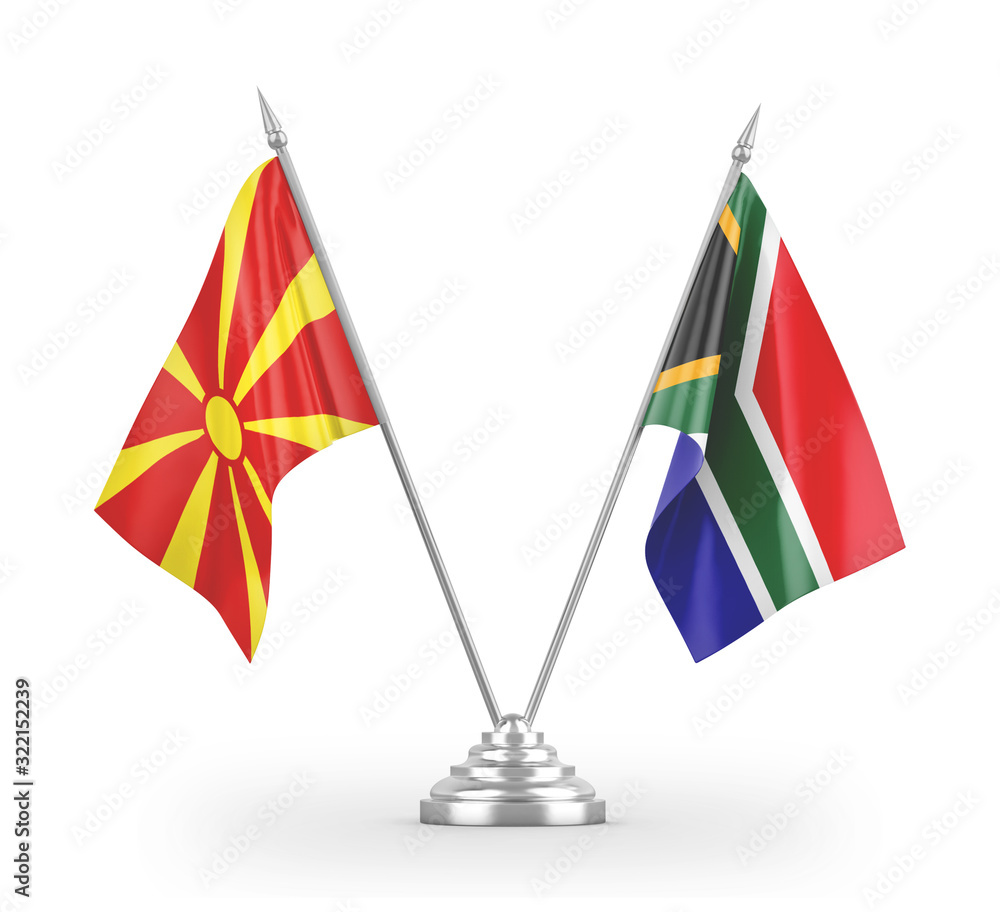 South Africa and North Macedonia table flags isolated on white 3D rendering South Africa and North Macedonia table flags isolated on white 3D rendering