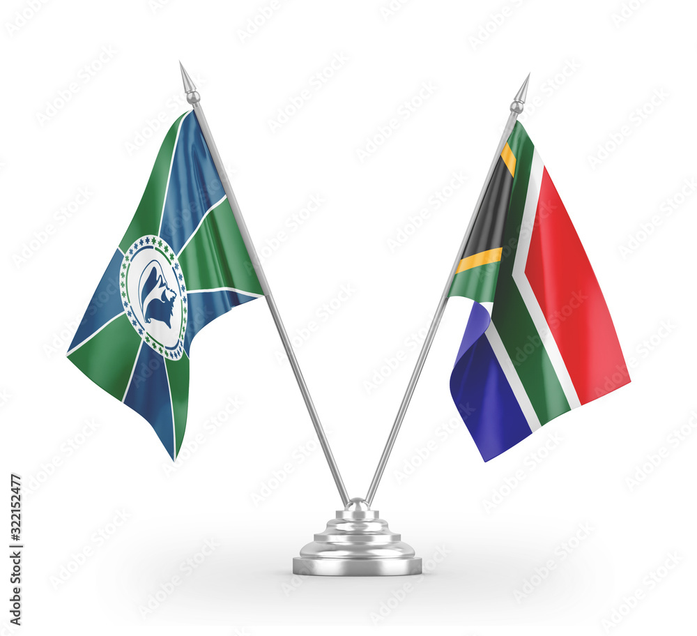 South Africa and Martinique table flags isolated on white 3D rendering South Africa and Martinique table flags isolated on white 3D rendering