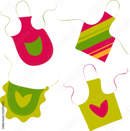  Set of bright multi-colored aprons for the kitchen.element for the design of the menu, culinary seminars and flyers. Flat cartoon style. Stock vector