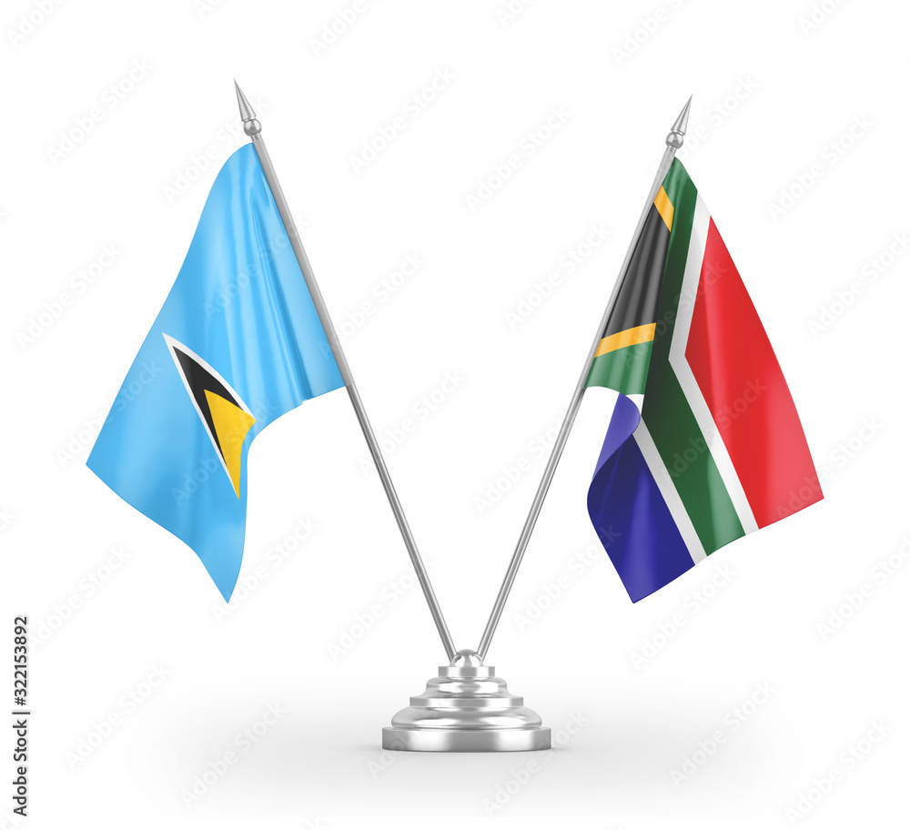 South Africa and Saint Lucia table flags isolated on white 3D rendering South Africa and Saint Lucia table flags isolated on white 3D rendering