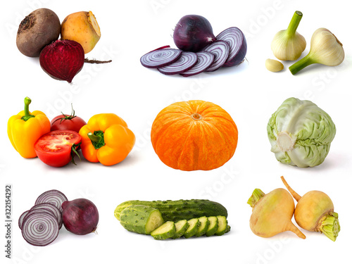 Turnips red beets onions garlic Bell peppers red tomatoes on a green sprig cabbage turnips and orange pumpkin from the autumn harvest on a white background