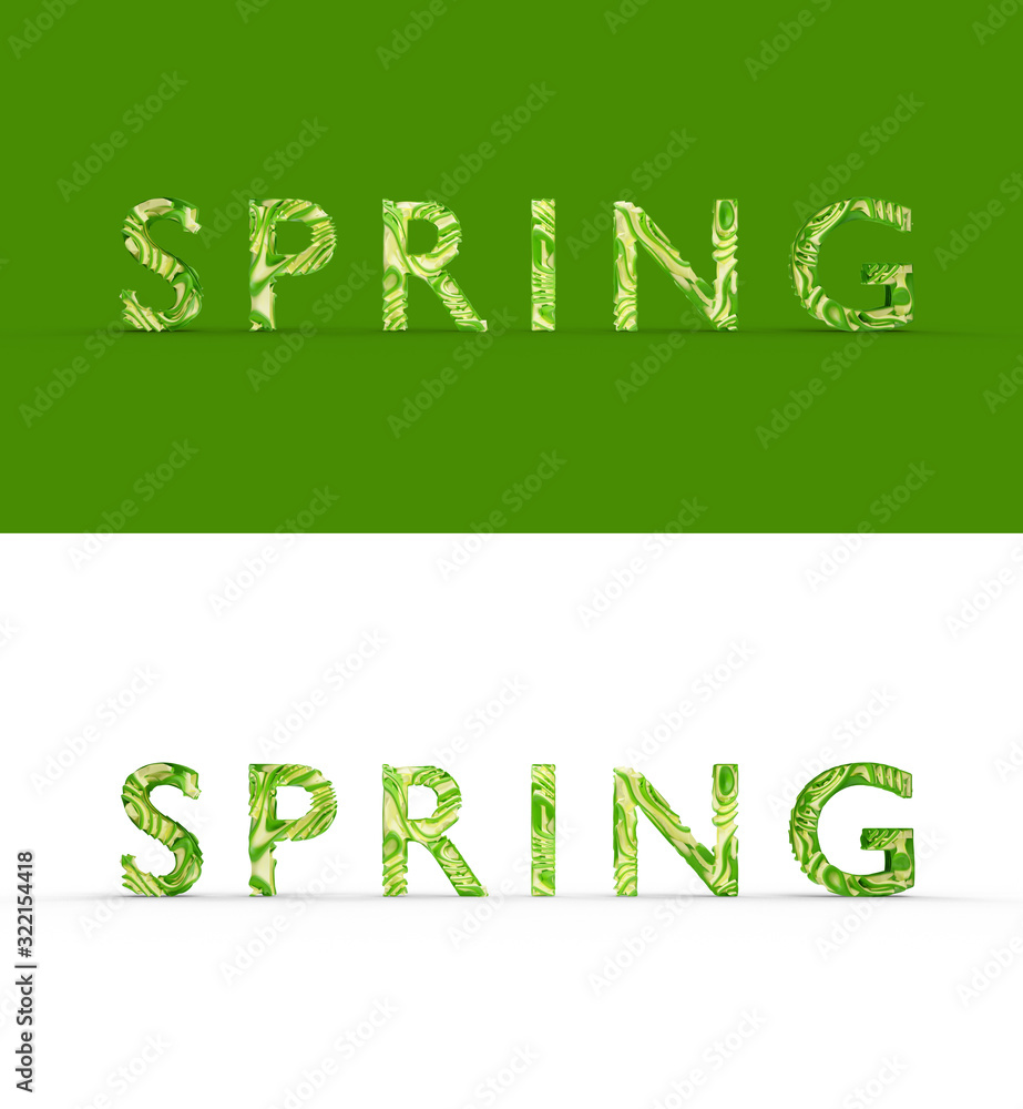 Stylized word text Spring, abstract good texture, there is a shadow. Two words, one on a colored background, the other on a white isolate. Photorealistic 3D render. Stylized word text Spring, abstract good texture, there is a shadow. Two words, one on a colored background, the other on a white isolate. Photorealistic 3D render.