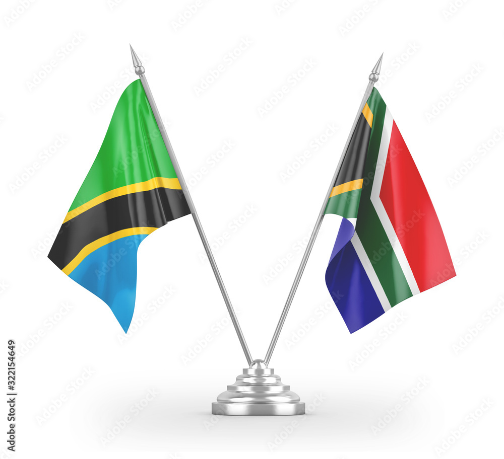 South Africa and Tanzania table flags isolated on white 3D rendering South Africa and Tanzania table flags isolated on white 3D rendering