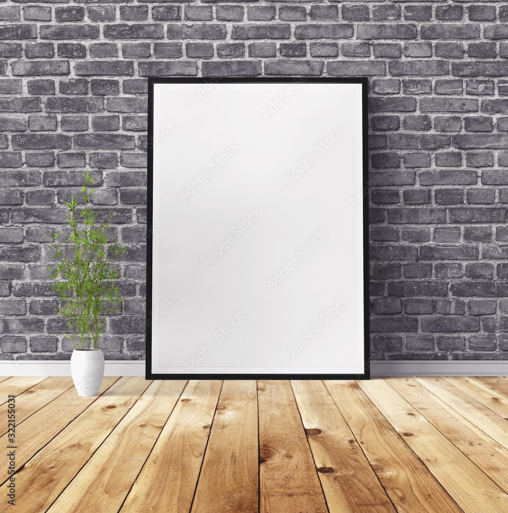 White poster on wooden floor. Blank frame mockup for you design. Interior space with flower. White poster on wooden floor. Blank frame mockup for you design. Interior space with flower.