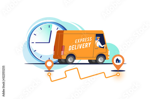 Delivery truck with man is carrying parcels. Vector illustration.	