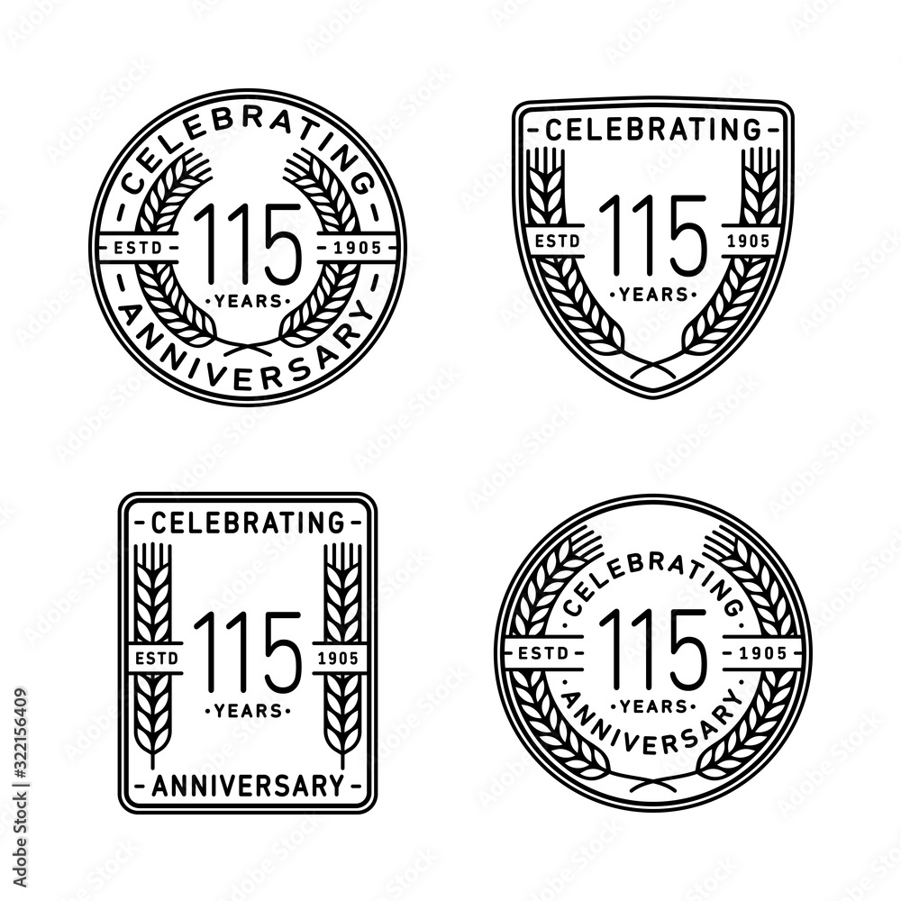 115 years anniversary celebration logotype. 115th anniversary logo collection. Set of anniversary design template. Vector and illustration.