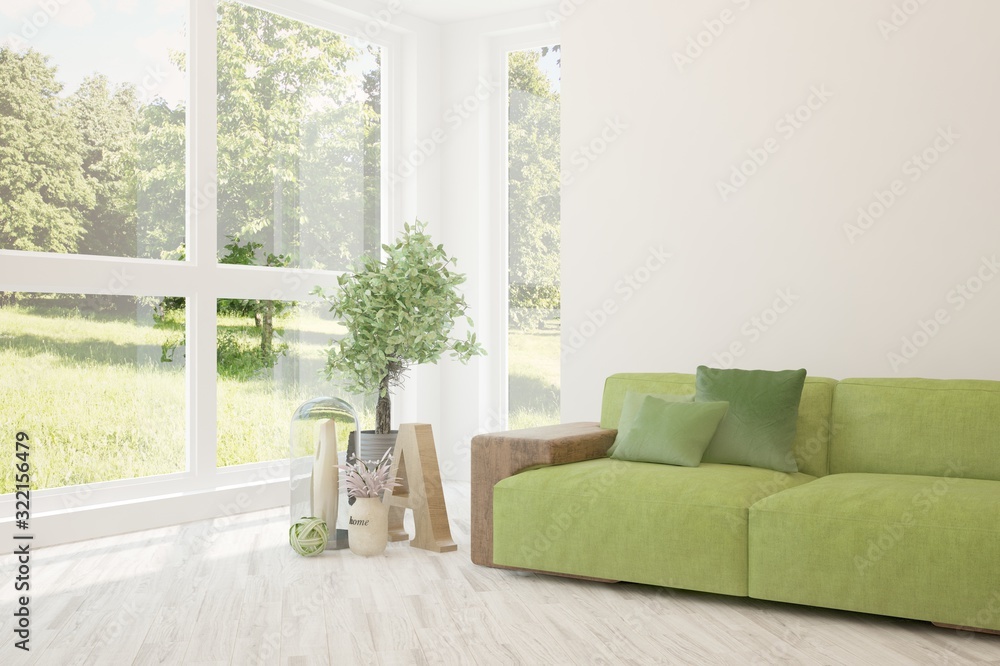 Fototapeta premium Stylish room in white color with sofa and summer landscape in window. Scandinavian interior design. 3D illustration
