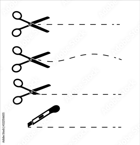 Scissors with cut lines isolated on white background. Paper cut icon with dotted line. Vector scissors with cut lines. Vector set of cutting scissors.