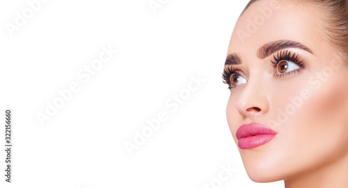 Beautiful bright blonde woman with plump pink lips.