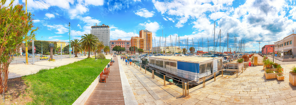 Fototapeta premium Splendid spring Cityscape with marina and Yachts and boats in town Cagliari