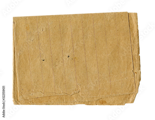 Vintage brown striped paper blank with torn edges isolated on white background. Old texture for design.