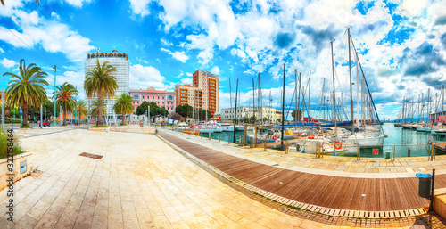 Splendid spring Cityscape with marina and Yachts and boats in town Cagliari