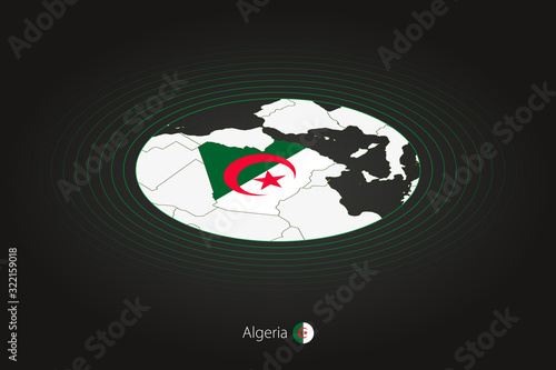 Algeria map in dark color, oval map with neighboring countries.