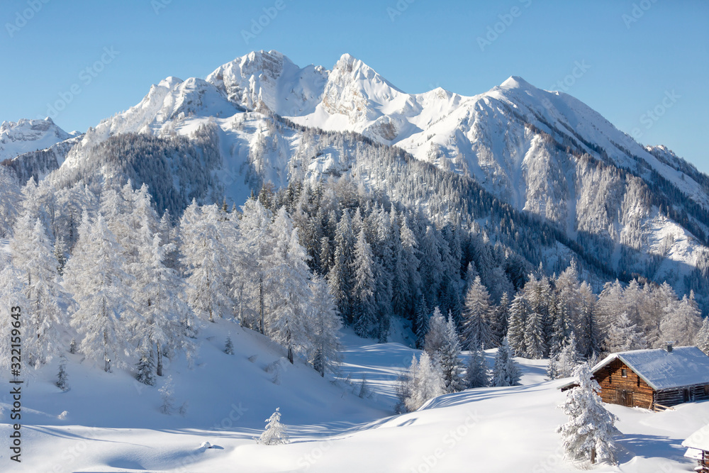 Beautiful winter mountain landscape with snowy forest and traditional alpine chalet. Sunny frosty weather with clear blue sky