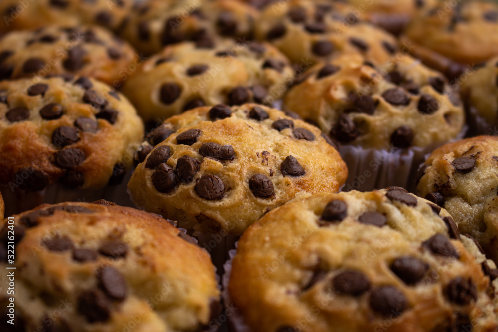Chocolate chip vanilla muffins. Selective focus. Sweet unhealthy food