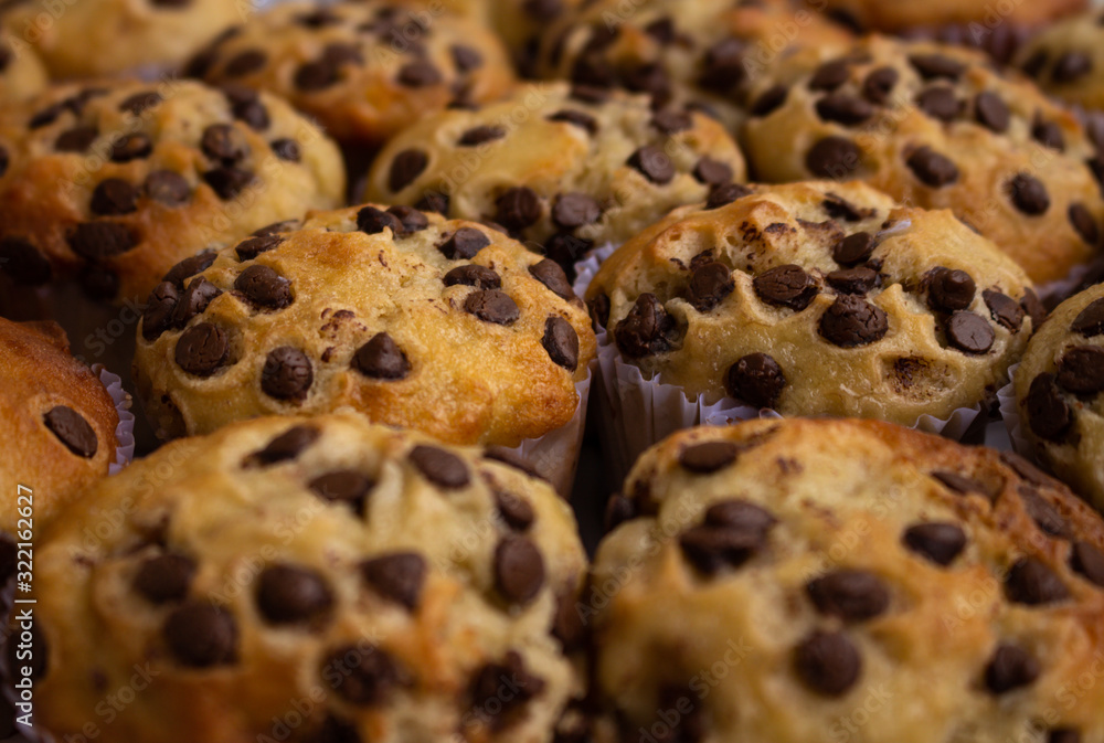 Chocolate chip vanilla muffins. Selective focus. Sweet unhealthy food