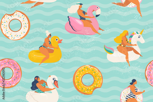Young women relaxing and sunbathing on inflatable rings of different in shape of duck, unicorn, white swan, donut, flamingo in swimming pool. Vector illustration.