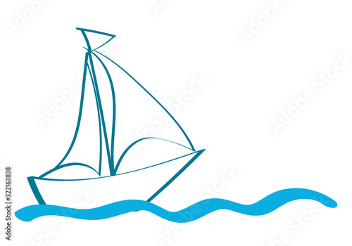Dibujo de un velero surcando el mar en trazos azul.
