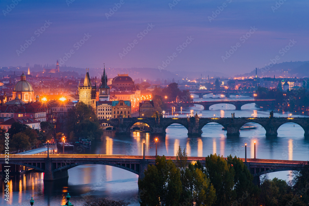 Elevated View to the Bridges Crossing Vltava River in Prague During Beautiful Sunset
