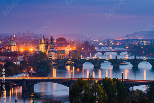 Elevated View to the Bridges Crossing Vltava River in Prague During Beautiful Sunset