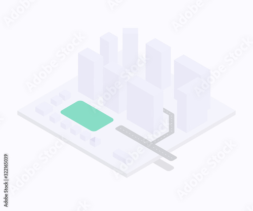 small isometric city concept with buildings  roads  small houses and green zone