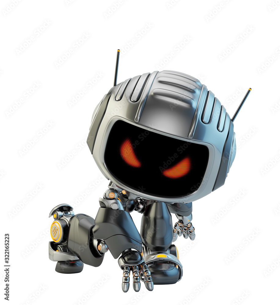 Black angry robotic toy with red digital eyes in a squat hero pose, 3d rendering Black angry robotic toy with red digital eyes in a squat hero pose, 3d rendering