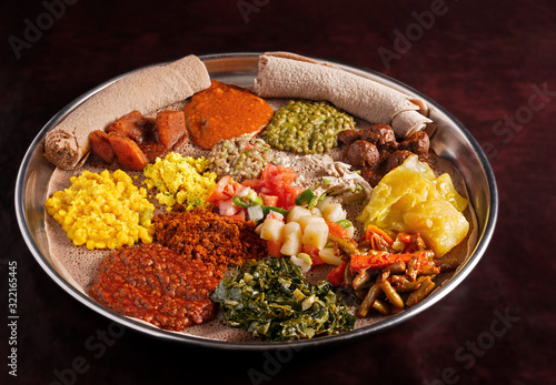 Ethiopian Vegetarian Platter with Injera Bread photo