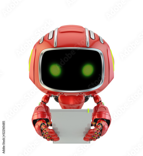 Wallpaper Mural Smart little robotic toy with friendly green digital eyes. This cute toy holding blank digital board/tablet. 3d rendering Torontodigital.ca