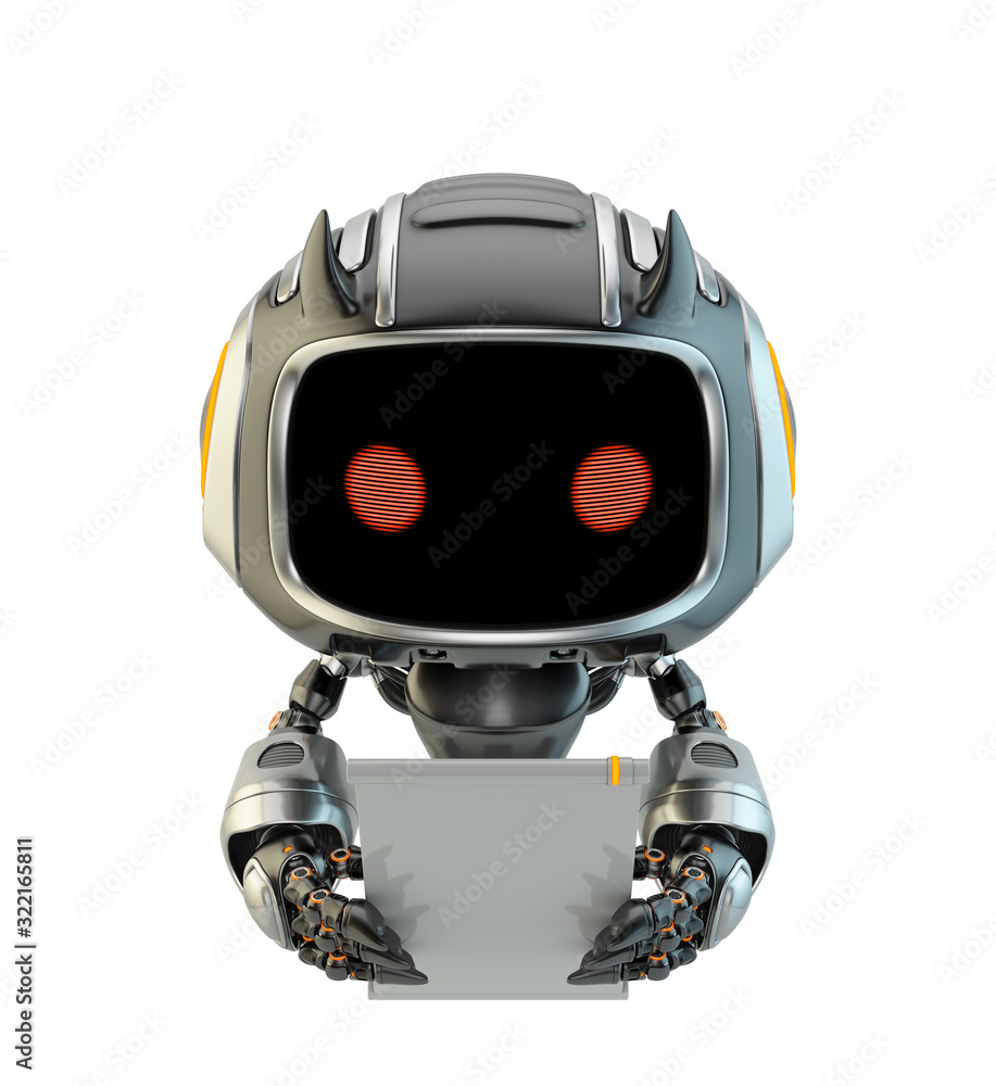 Smart black robotic devil with red digital eyes and little horns. This toy holding blank digital board/tablet. 3d rendering Smart black robotic devil with red digital eyes and little horns. This toy holding blank digital board/tablet. 3d rendering