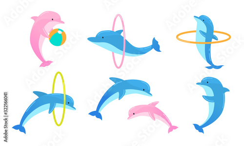 Set of colorful playful dolphins performing tricks with ring and ball. Vector illustration in flat cartoon style.