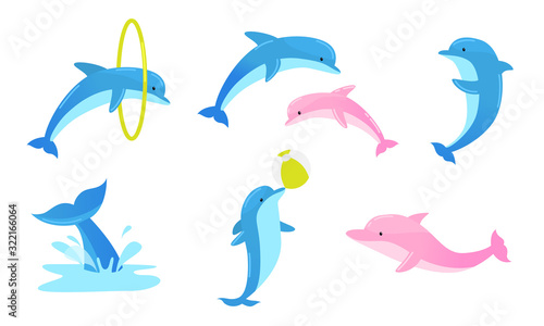 Set of colorful playful dolphins performing tricks with ring and ball. Vector illustration in flat cartoon style.