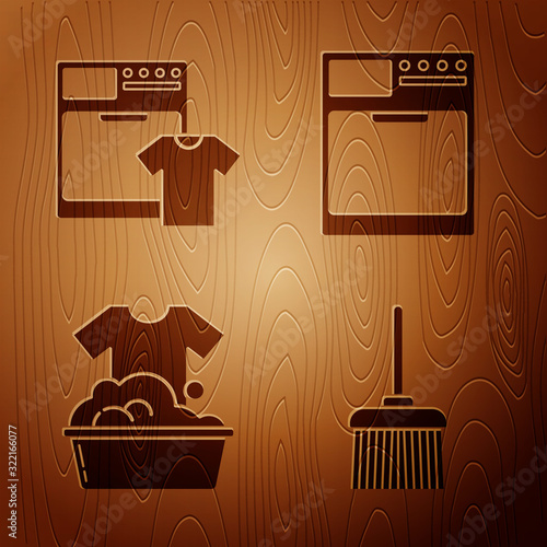 Set Handle broom , Washer and t-shirt , Plastic basin with soap suds and Washer on wooden background. Vector