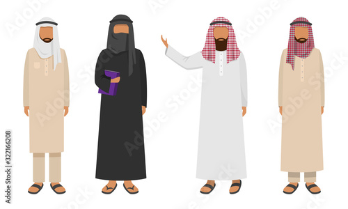 Set of Muslim Arabic men wearing traditional ethnic clothing. Vector illustration in flat cartoon style.