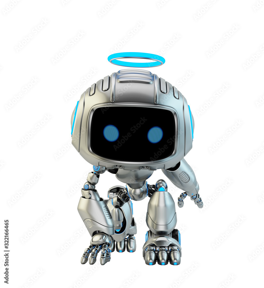 Silver robotic angel toy with blue halo in a squat hero pose, 3d rendering Silver robotic angel toy with blue halo in a squat hero pose, 3d rendering