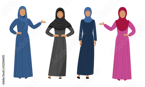 Set of Muslim Arabic women wearing traditional ethnic clothing. Vector illustration in flat cartoon style.