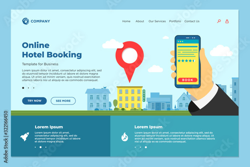 Hand holding smartphone with rating review at hotel search and booking online landing page. Mobile app hostel searching detailed and reservation application interface. Vector web design template