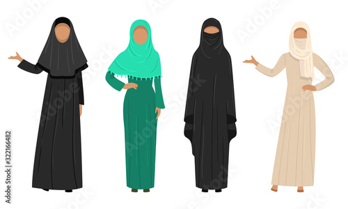 Set of Muslim Arabic women wearing traditional ethnic clothing. Vector illustration in flat cartoon style.