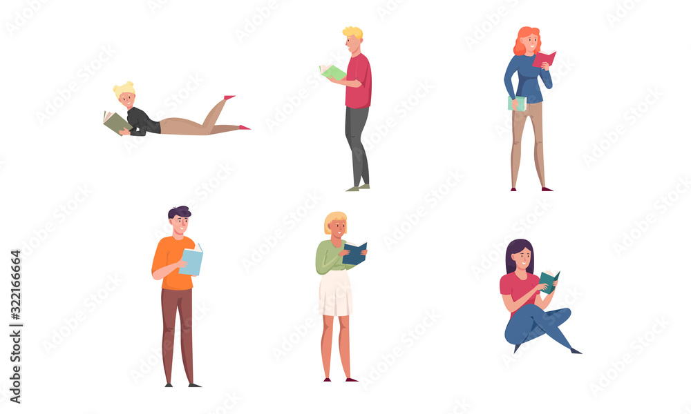 Set of young people reading books in different poses. Vector illustration in flat cartoon style.