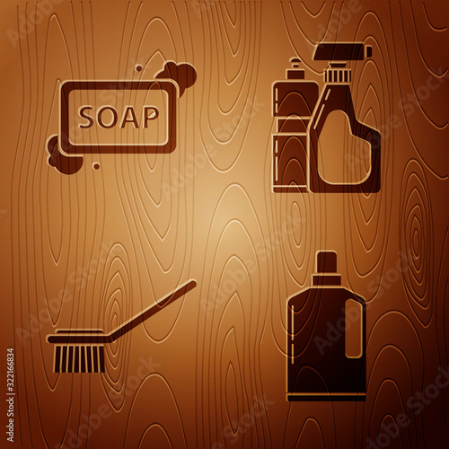 Set Plastic bottles for liquid dishwashing liquid, Bar of soap with foam , Toilet brush and Plastic bottles for liquid dishwashing liquid on wooden background. Vector