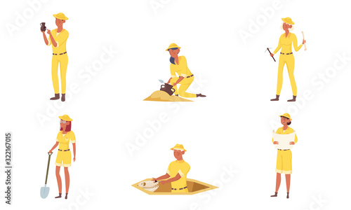 Set of cartoon archaeologist characters in yellow clothing at work. Vector illustration in flat cartoon style.