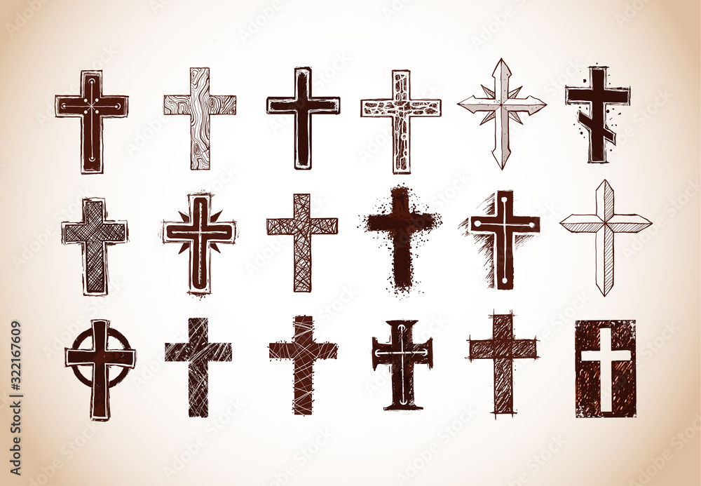 Collection of christian crosses. Doodle sketch illustration in vintage style.